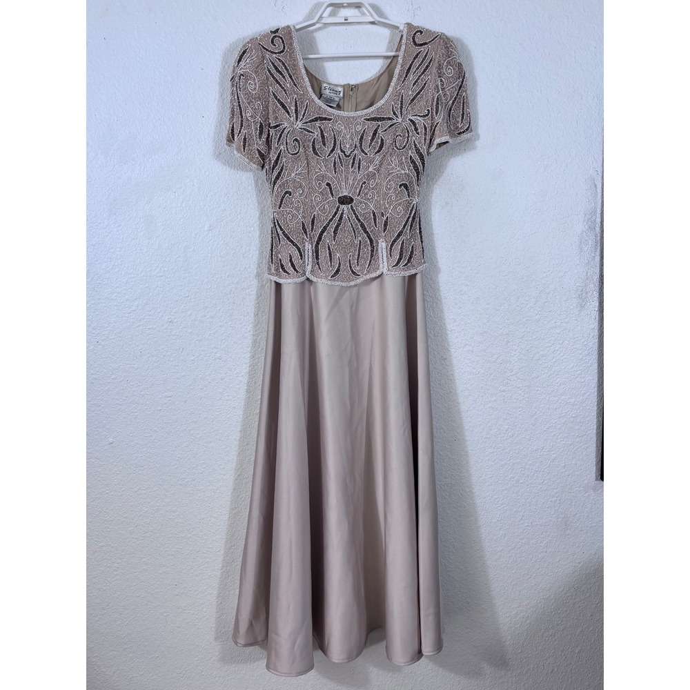 Stenay Gown Women Petite Small PS Champagne Beaded Short Sleeve Maxi Dress